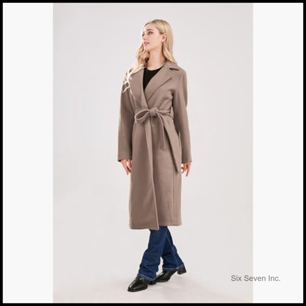 Long Wool Pea Coat with Notched Collar and Belt, Woolen Blend Trench - Picture 4 of 7